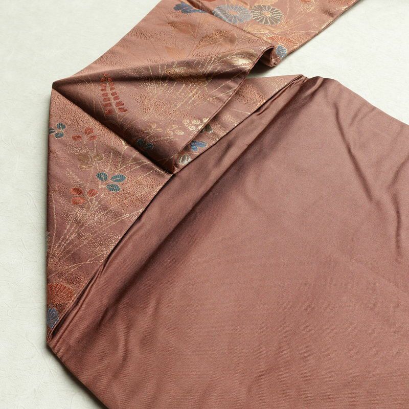 名古屋帯 六通柄 正絹 花柄 名古屋仕立て 菊 萩 箔 帯 小豆・エンジ_画像19