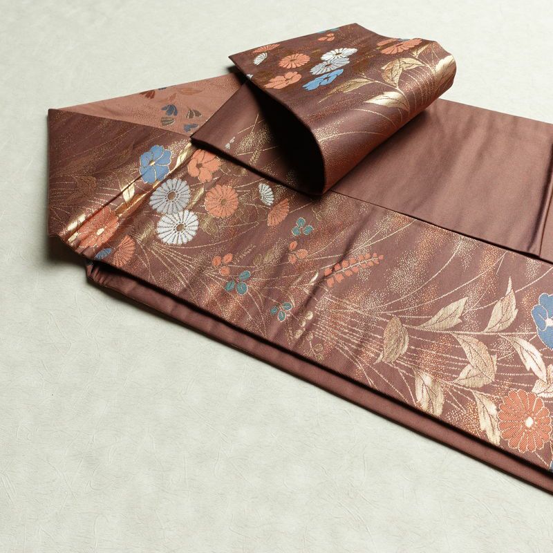 名古屋帯 六通柄 正絹 花柄 名古屋仕立て 菊 萩 箔 帯 小豆・エンジ_画像21