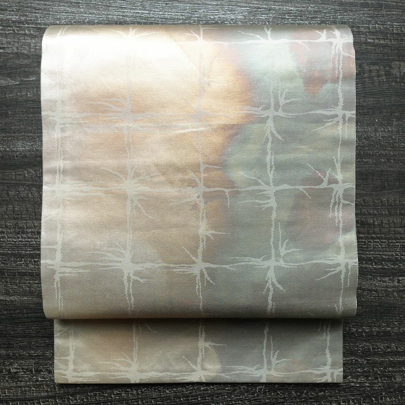 名古屋帯 六通柄 正絹 チェック・格子柄 通し仕立て 箔 帯 多色使い_画像1