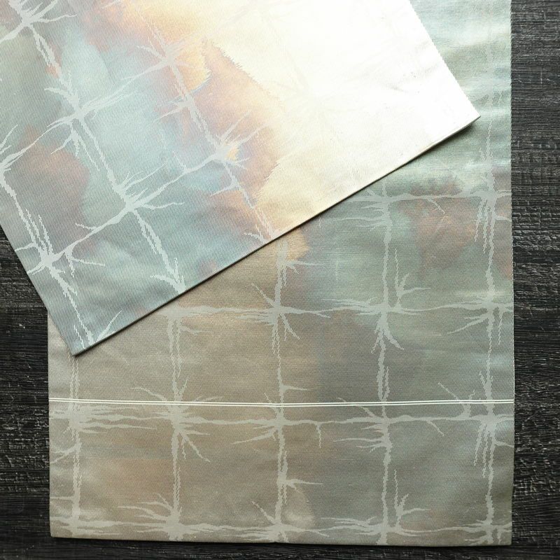 名古屋帯 六通柄 正絹 チェック・格子柄 通し仕立て 箔 帯 多色使い_画像13