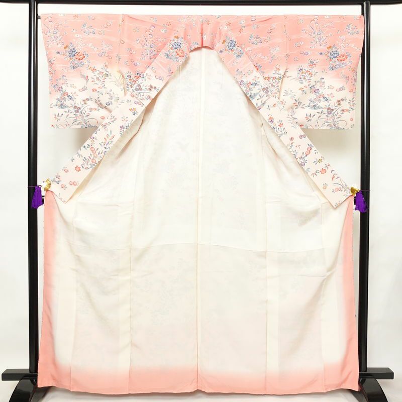 訪問着 しつけ糸付き 縮緬 正絹 花柄 袷仕立て 身丈165cm 裄丈68cm フォーマル 着物 ピンク_画像3