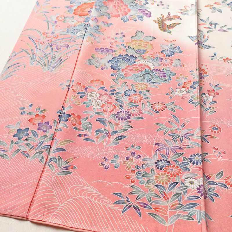 訪問着 しつけ糸付き 縮緬 正絹 花柄 袷仕立て 身丈165cm 裄丈68cm フォーマル 着物 ピンク_画像4