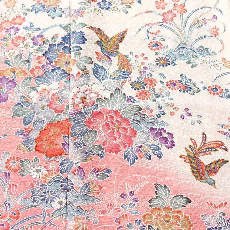 訪問着 しつけ糸付き 縮緬 正絹 花柄 袷仕立て 身丈165cm 裄丈68cm フォーマル 着物 ピンク_画像6