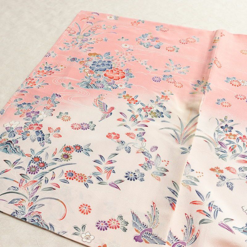 訪問着 しつけ糸付き 縮緬 正絹 花柄 袷仕立て 身丈165cm 裄丈68cm フォーマル 着物 ピンク_画像14