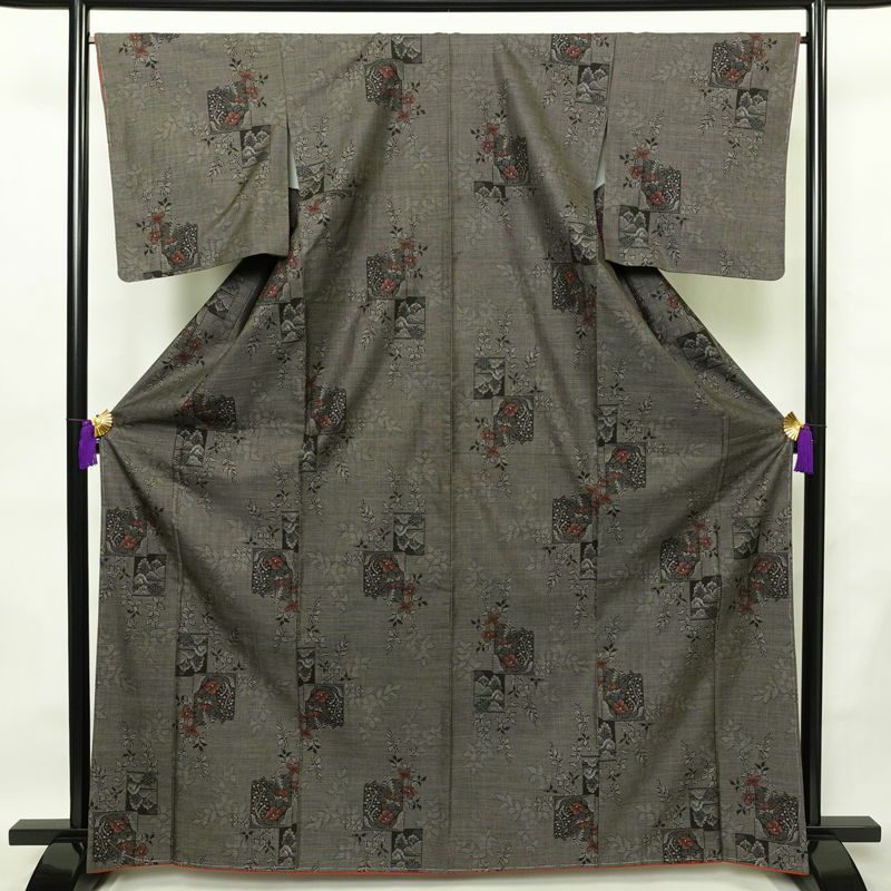 大島紬 古代染色純泥染 美品 証紙あり しつけ糸付き 正絹 木の葉・植物柄 袷仕立て 身丈166.5cm 裄丈66cm 着物 茶_画像1