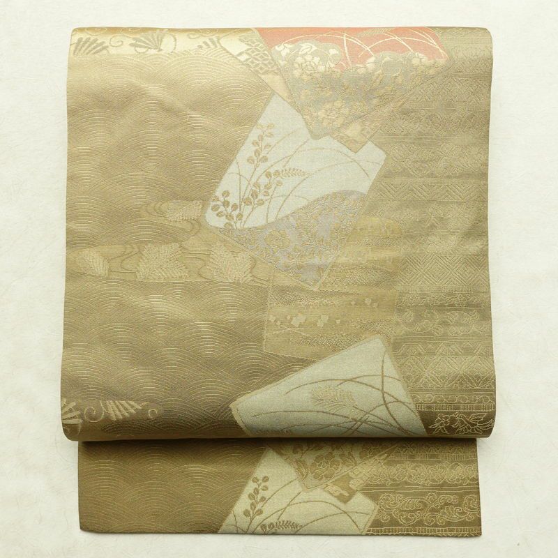 名古屋帯 六通柄 正絹 木の葉・植物柄 名古屋仕立て 箔 帯 黄・黄土色_画像1