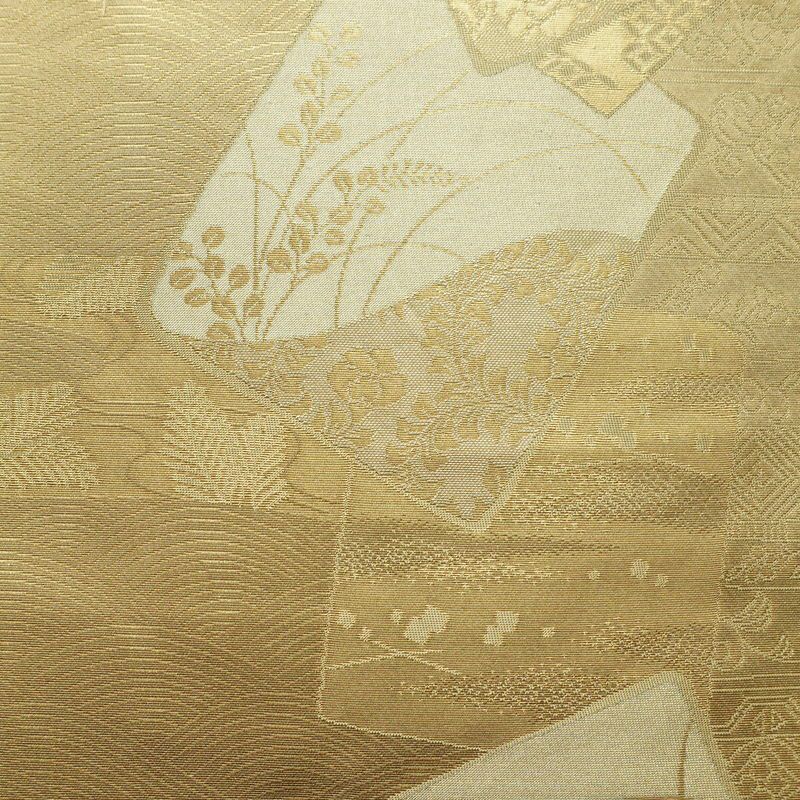 名古屋帯 六通柄 正絹 木の葉・植物柄 名古屋仕立て 箔 帯 黄・黄土色_画像2