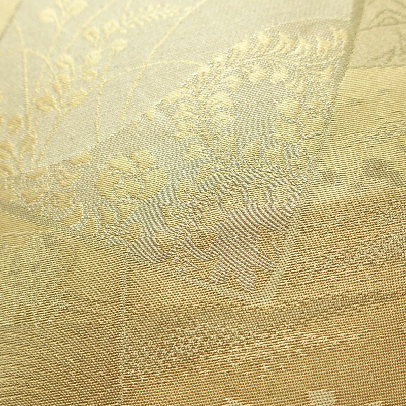 名古屋帯 六通柄 正絹 木の葉・植物柄 名古屋仕立て 箔 帯 黄・黄土色_画像3