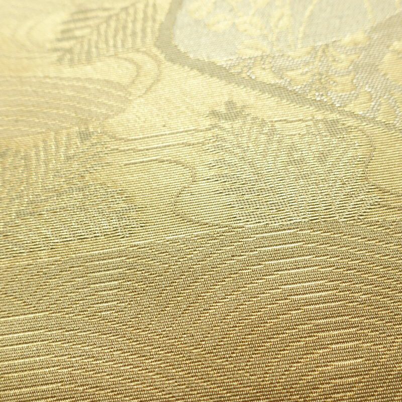 名古屋帯 六通柄 正絹 木の葉・植物柄 名古屋仕立て 箔 帯 黄・黄土色_画像6