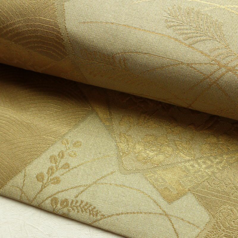 名古屋帯 六通柄 正絹 木の葉・植物柄 名古屋仕立て 箔 帯 黄・黄土色_画像7