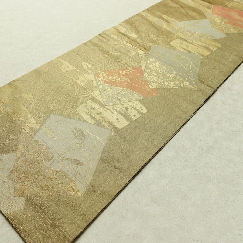 名古屋帯 六通柄 正絹 木の葉・植物柄 名古屋仕立て 箔 帯 黄・黄土色_画像8