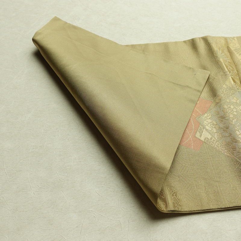 名古屋帯 六通柄 正絹 木の葉・植物柄 名古屋仕立て 箔 帯 黄・黄土色_画像9