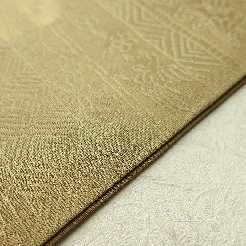 名古屋帯 六通柄 正絹 木の葉・植物柄 名古屋仕立て 箔 帯 黄・黄土色_画像12