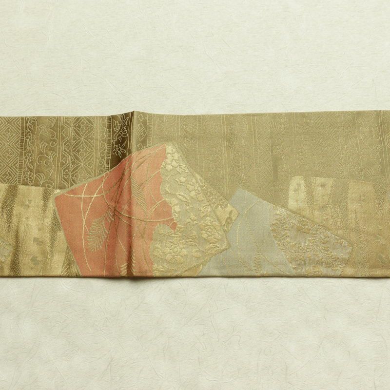 名古屋帯 六通柄 正絹 木の葉・植物柄 名古屋仕立て 箔 帯 黄・黄土色_画像14