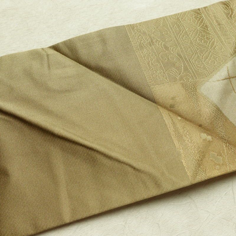 名古屋帯 六通柄 正絹 木の葉・植物柄 名古屋仕立て 箔 帯 黄・黄土色_画像15