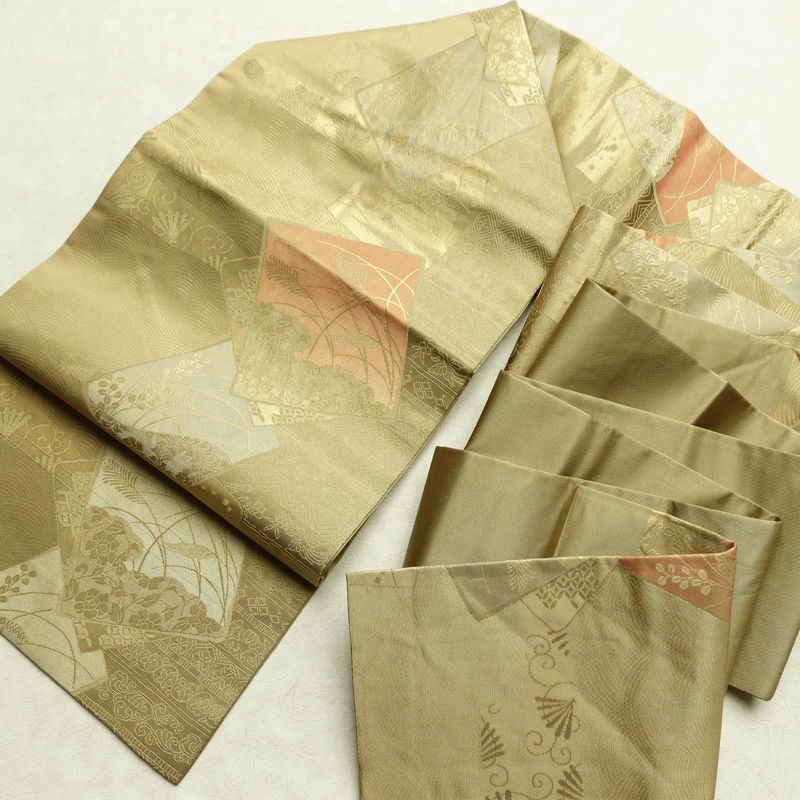 名古屋帯 六通柄 正絹 木の葉・植物柄 名古屋仕立て 箔 帯 黄・黄土色_画像17