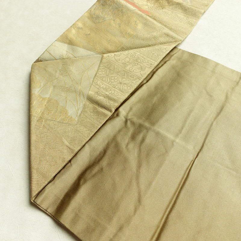 名古屋帯 六通柄 正絹 木の葉・植物柄 名古屋仕立て 箔 帯 黄・黄土色_画像19