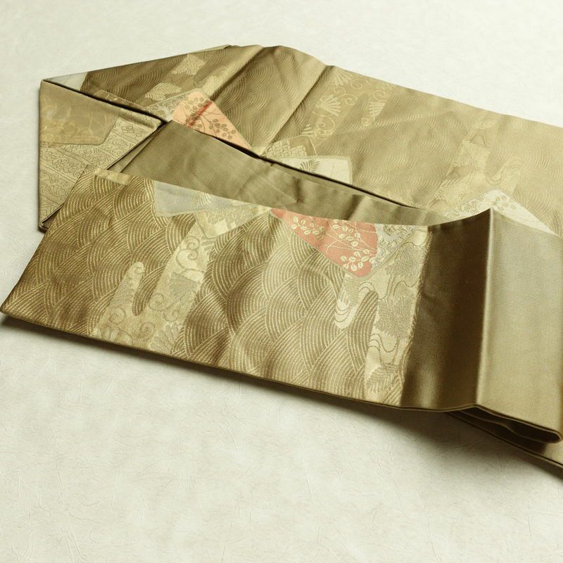 名古屋帯 六通柄 正絹 木の葉・植物柄 名古屋仕立て 箔 帯 黄・黄土色_画像21
