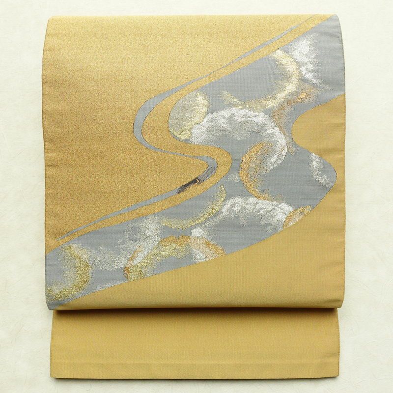 名古屋帯 太鼓柄 正絹 幾何学柄・抽象柄 通し仕立て 箔 金糸 銀糸 帯 黄・黄土色_画像1