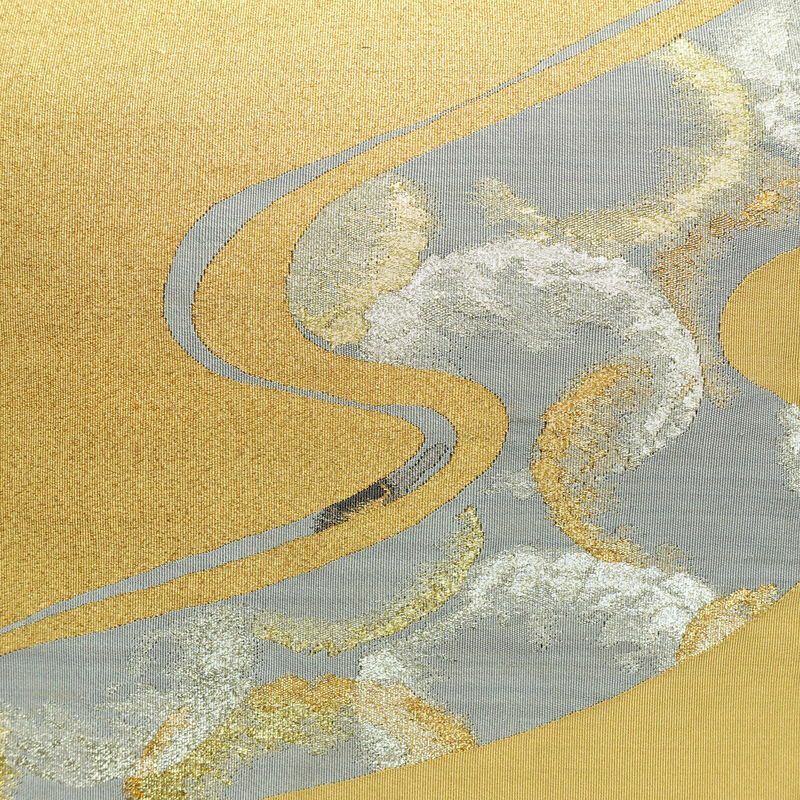 名古屋帯 太鼓柄 正絹 幾何学柄・抽象柄 通し仕立て 箔 金糸 銀糸 帯 黄・黄土色_画像2