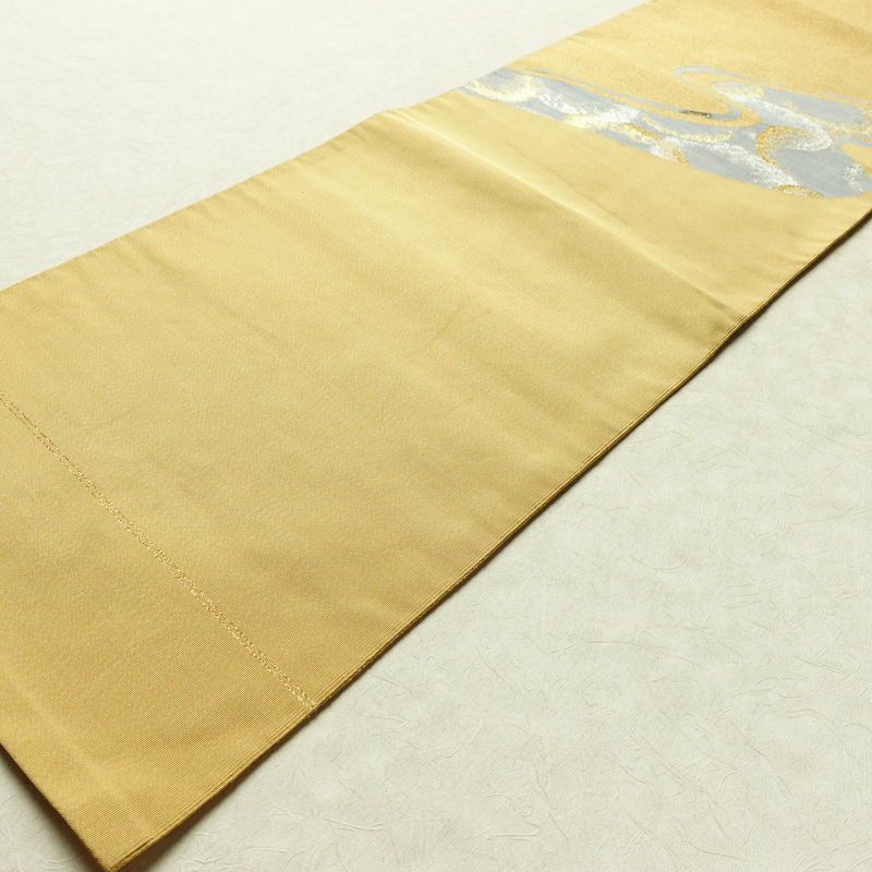 名古屋帯 太鼓柄 正絹 幾何学柄・抽象柄 通し仕立て 箔 金糸 銀糸 帯 黄・黄土色_画像8