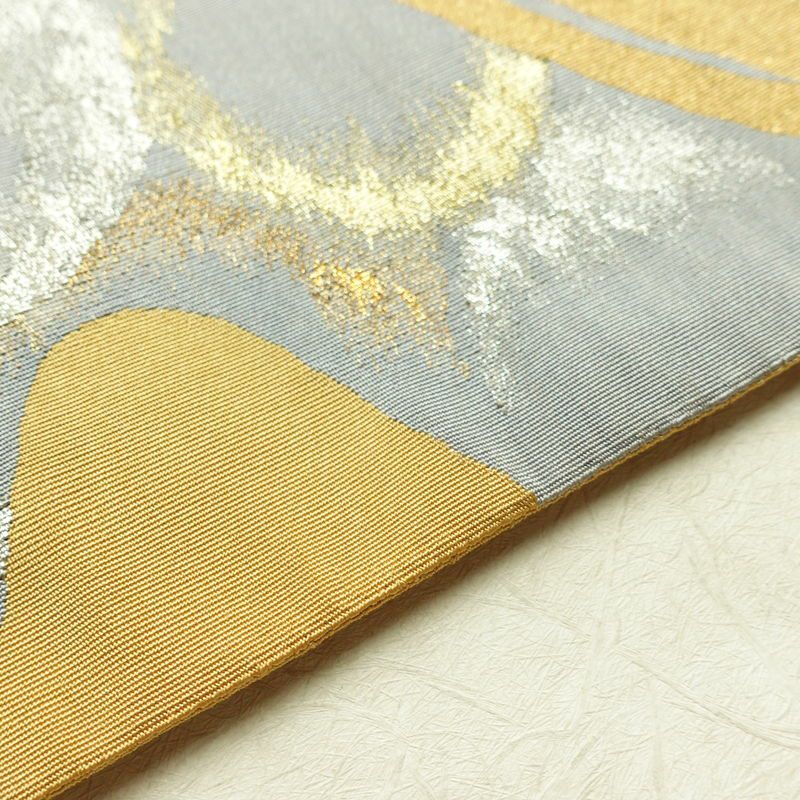 名古屋帯 太鼓柄 正絹 幾何学柄・抽象柄 通し仕立て 箔 金糸 銀糸 帯 黄・黄土色_画像12