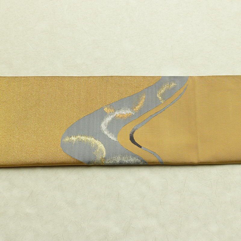 名古屋帯 太鼓柄 正絹 幾何学柄・抽象柄 通し仕立て 箔 金糸 銀糸 帯 黄・黄土色_画像13