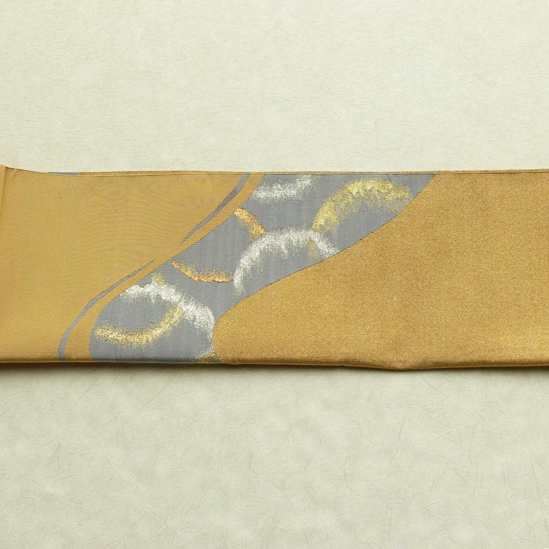名古屋帯 太鼓柄 正絹 幾何学柄・抽象柄 通し仕立て 箔 金糸 銀糸 帯 黄・黄土色_画像14