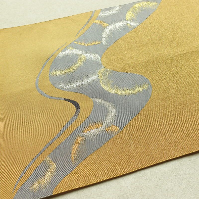 名古屋帯 太鼓柄 正絹 幾何学柄・抽象柄 通し仕立て 箔 金糸 銀糸 帯 黄・黄土色_画像15