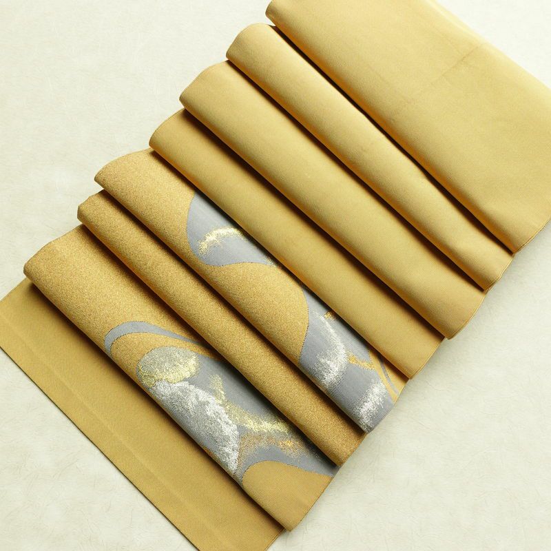 名古屋帯 太鼓柄 正絹 幾何学柄・抽象柄 通し仕立て 箔 金糸 銀糸 帯 黄・黄土色_画像20