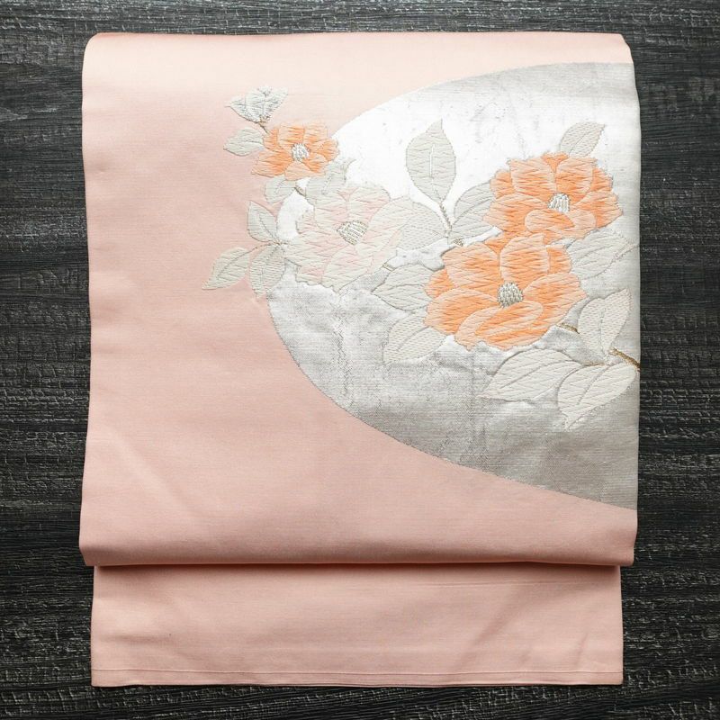 名古屋帯 太鼓柄 正絹 花柄 名古屋仕立て 金糸 帯 ピンク_画像1