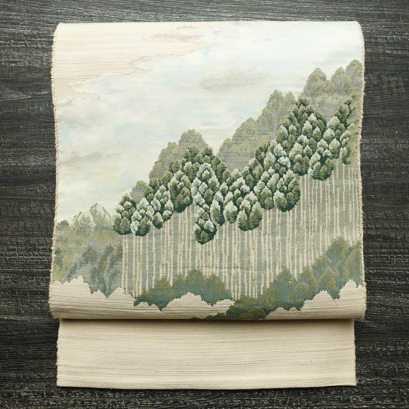 名古屋帯 太鼓柄 正絹 風景柄 松葉仕立て 帯 ベージュ_画像1
