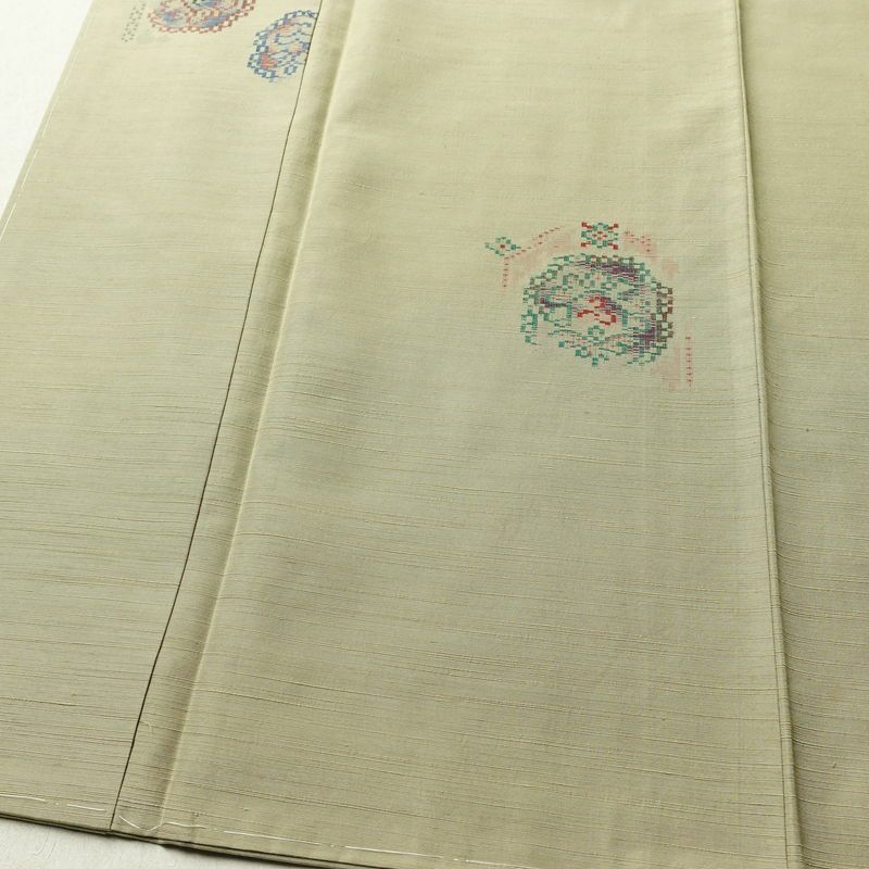 紬 良品 しつけ糸付き 正絹 幾何学柄・抽象柄 袷仕立て 身丈155.5cm 裄丈66cm 着物 緑・うぐいす色_画像4