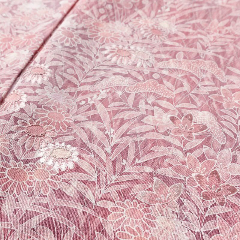 小紋 付下小紋 縮緬 相良刺繍 一つ紋付き 正絹 木の葉・植物柄 袷仕立て 身丈159cm 裄丈64.5cm 刺繍 フォーマル 着物 ピンク_画像7