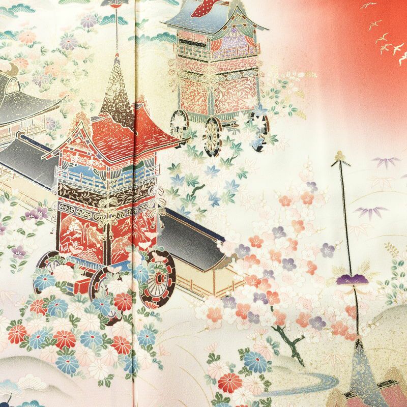 付け下げ 良品 縮緬 正絹 風景柄 袷仕立て 身丈155.5cm 裄丈65.5cm 箔 金彩 フォーマル 着物 赤・朱_画像6