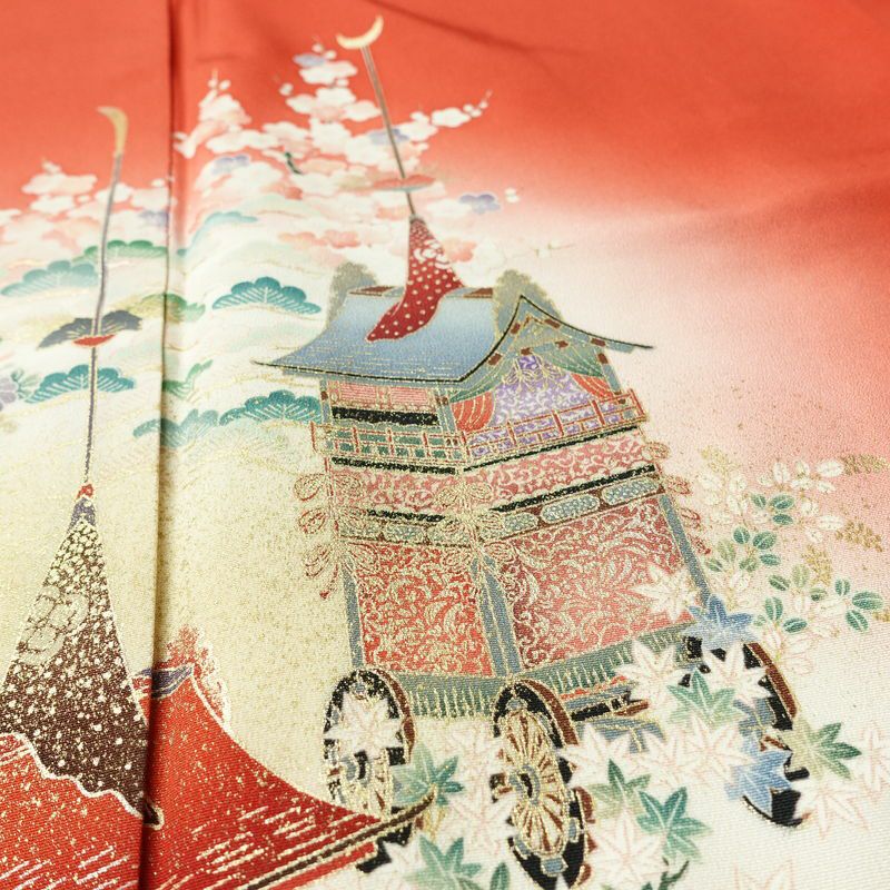 付け下げ 良品 縮緬 正絹 風景柄 袷仕立て 身丈155.5cm 裄丈65.5cm 箔 金彩 フォーマル 着物 赤・朱_画像8