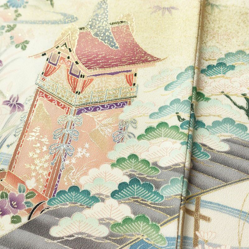 付け下げ 良品 縮緬 正絹 風景柄 袷仕立て 身丈155.5cm 裄丈65.5cm 箔 金彩 フォーマル 着物 赤・朱_画像10