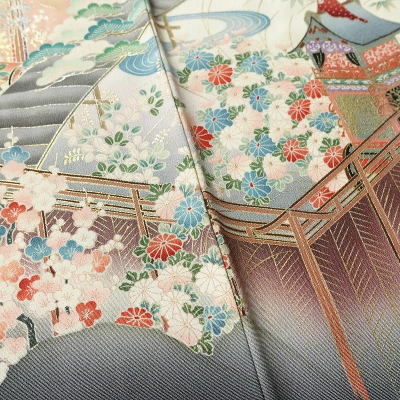 付け下げ 良品 縮緬 正絹 風景柄 袷仕立て 身丈155.5cm 裄丈65.5cm 箔 金彩 フォーマル 着物 赤・朱_画像11