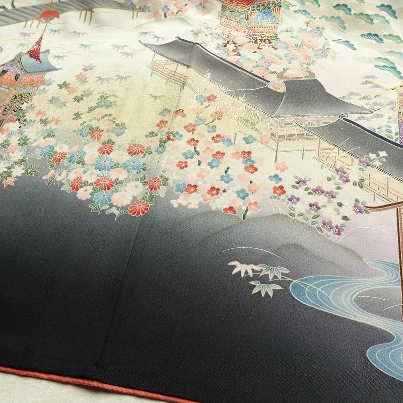 付け下げ 良品 縮緬 正絹 風景柄 袷仕立て 身丈155.5cm 裄丈65.5cm 箔 金彩 フォーマル 着物 赤・朱_画像13