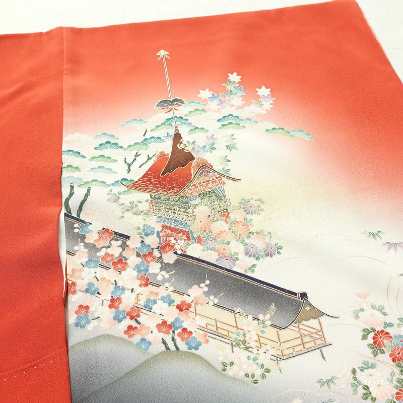 付け下げ 良品 縮緬 正絹 風景柄 袷仕立て 身丈155.5cm 裄丈65.5cm 箔 金彩 フォーマル 着物 赤・朱_画像15