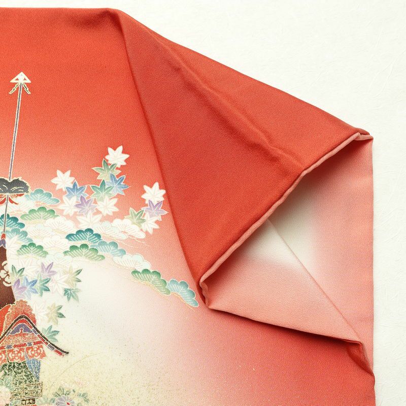 付け下げ 良品 縮緬 正絹 風景柄 袷仕立て 身丈155.5cm 裄丈65.5cm 箔 金彩 フォーマル 着物 赤・朱_画像16