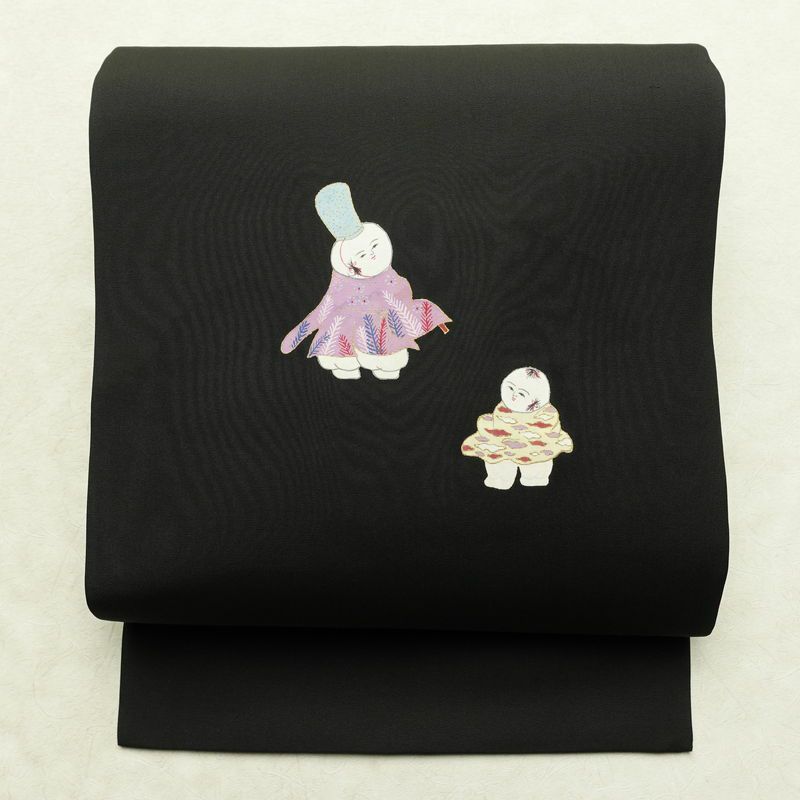 名古屋帯 太鼓柄 正絹 人物・動物柄 名古屋仕立て 金彩 帯 黒_画像1