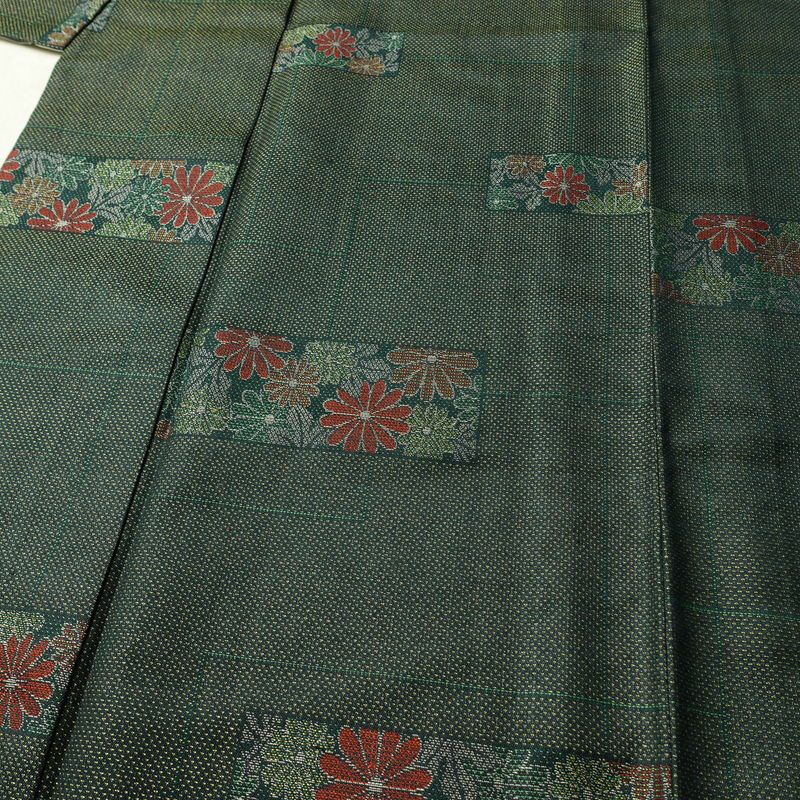 単衣 小紋 良品 正絹 花柄 単衣仕立て 身丈158.5cm 裄丈63cm 着物 緑・うぐいす色_画像5