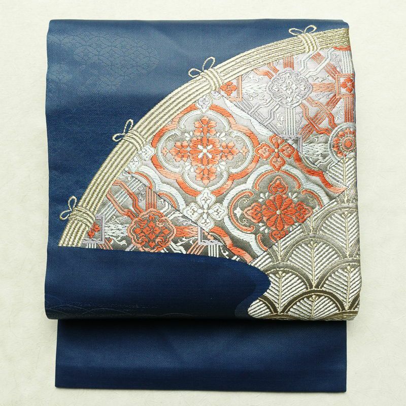 名古屋帯 太鼓柄 正絹 古典柄 名古屋仕立て 箔 金糸 帯 青・紺_画像1