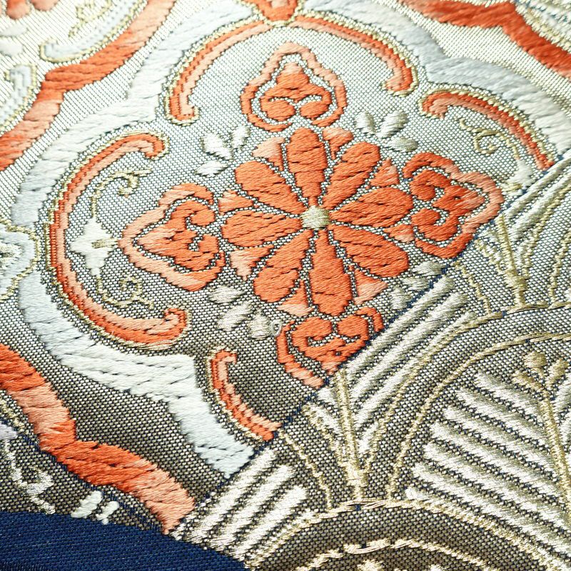 名古屋帯 太鼓柄 正絹 古典柄 名古屋仕立て 箔 金糸 帯 青・紺_画像3