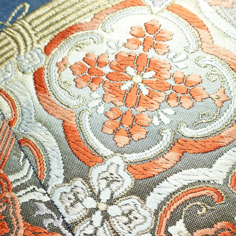 名古屋帯 太鼓柄 正絹 古典柄 名古屋仕立て 箔 金糸 帯 青・紺_画像5