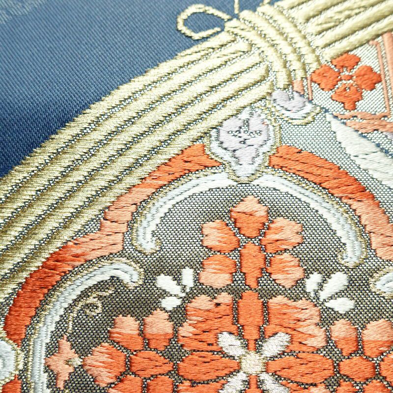 名古屋帯 太鼓柄 正絹 古典柄 名古屋仕立て 箔 金糸 帯 青・紺_画像6