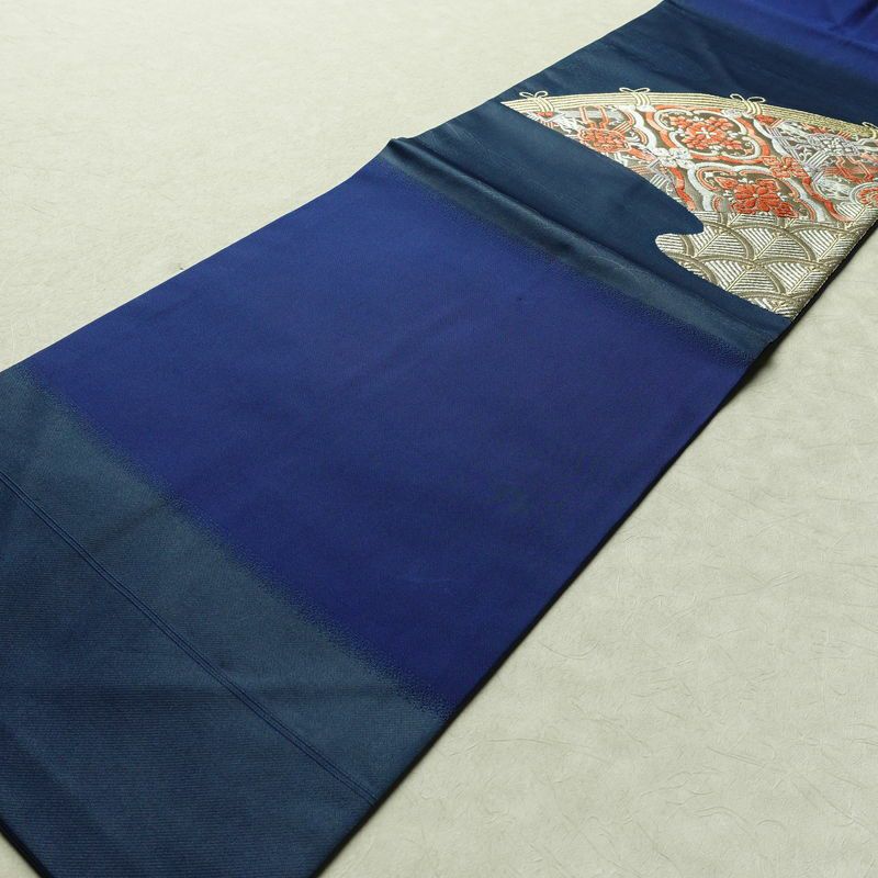 名古屋帯 太鼓柄 正絹 古典柄 名古屋仕立て 箔 金糸 帯 青・紺_画像8