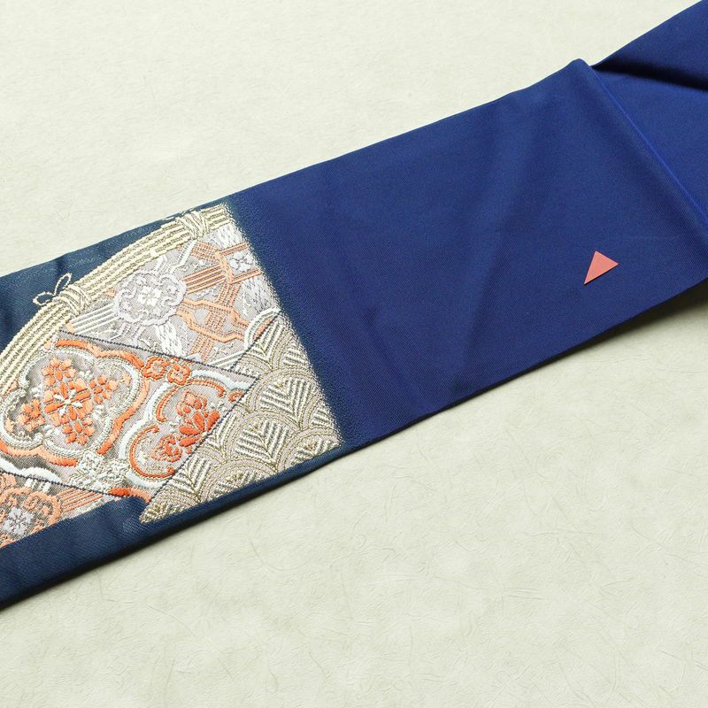 名古屋帯 太鼓柄 正絹 古典柄 名古屋仕立て 箔 金糸 帯 青・紺_画像15