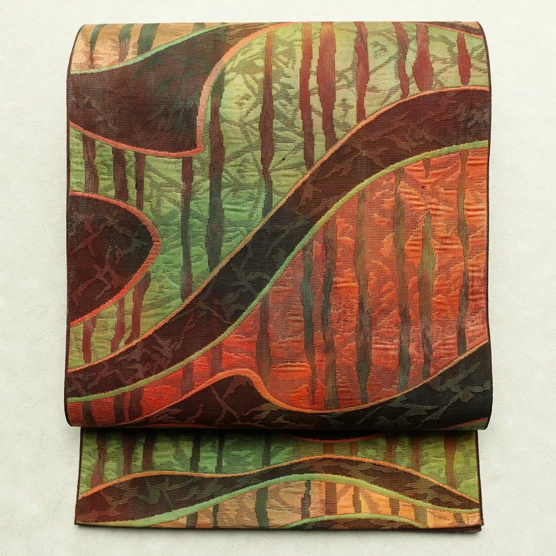 名古屋帯 六通柄 正絹 幾何学柄・抽象柄 通し仕立て 帯 茶_画像1